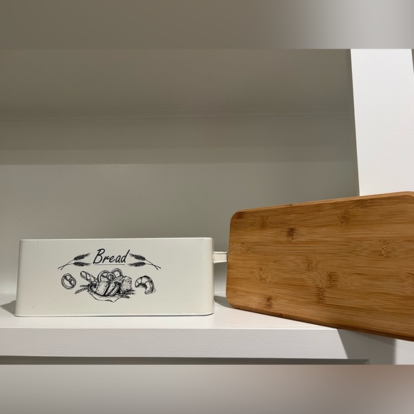 Kitchen Counter Ivory Color Tin Metal Bread Box Bin Handles Bamboo Cover 15x7x5 - Picture 8 of 9